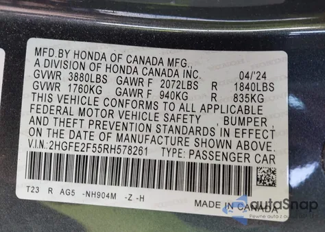 2024 Honda Civic Sport z USA, uszkodzony, nr VIN 2HGFE2F55RH578261